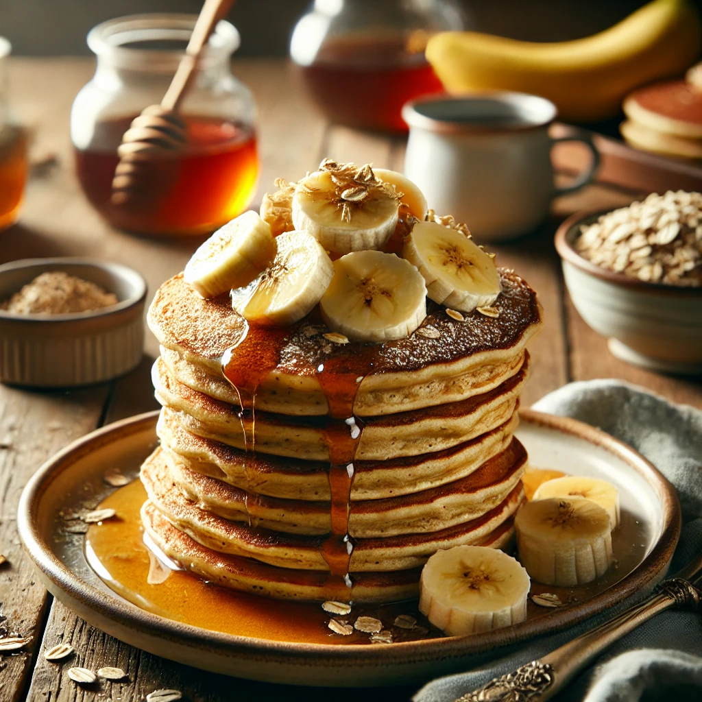 A stack of banana oat pancakes for kids sits on a rustic wooden table, topped with banana slices and drizzled with syrup. Surrounding the plate are ingredients like honey, oats, and bananas, creating a cozy breakfast scene.