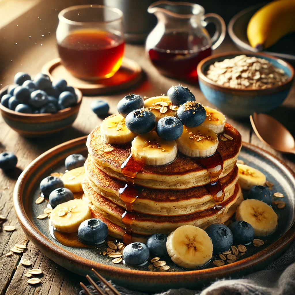 A stack of banana oat pancakes for kids is topped with sliced bananas, blueberries, and drizzled with syrup. Surrounding the plate are bowls of blueberries, oats, and a banana, with a jar of syrup and a cup of coffee in the background.