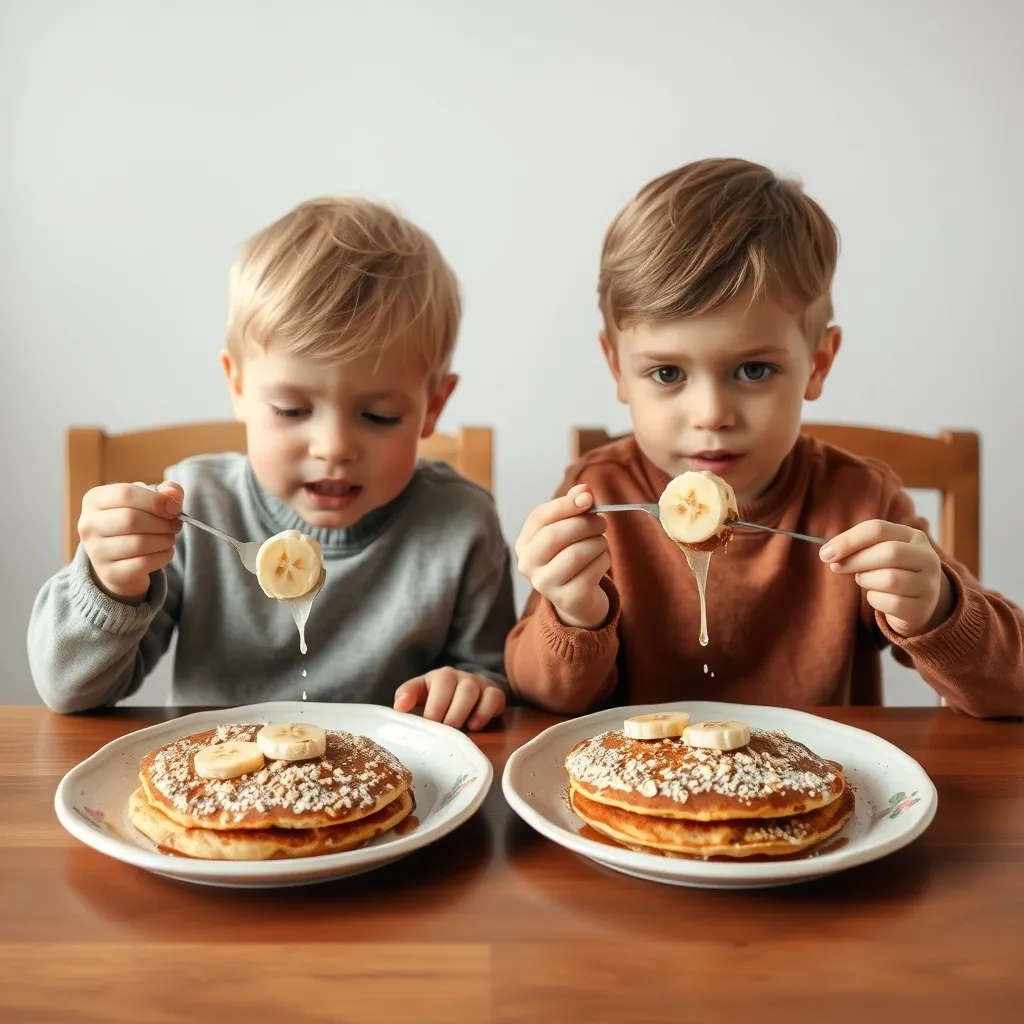 Two young children sit at a table with plates of banana oat pancakes topped with syrup. They are using spoons to drizzle more syrup onto the delightful breakfast treat. The setting is cozy and warmly lit, creating the perfect atmosphere for kids to enjoy their morning meal.