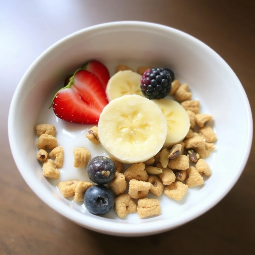 Bowl of whole grain cereal with cold milk and fresh fruit — healthy cereal with milk breakfast for kids