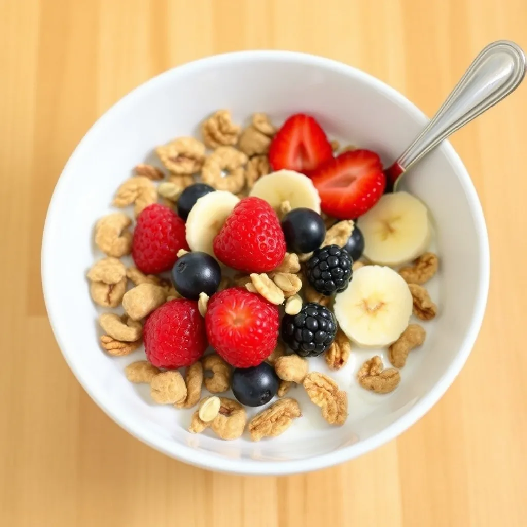 Colorful cereal with milk breakfast topped with mixed berries and nuts — customizable 5-minute morning meal