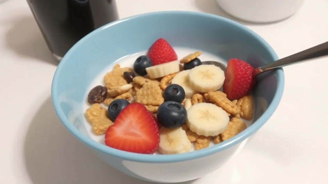 Cereal with milk breakfast in a white bowl with fresh berries and banana slices — quick nutritious breakfast ready in 5 minutes