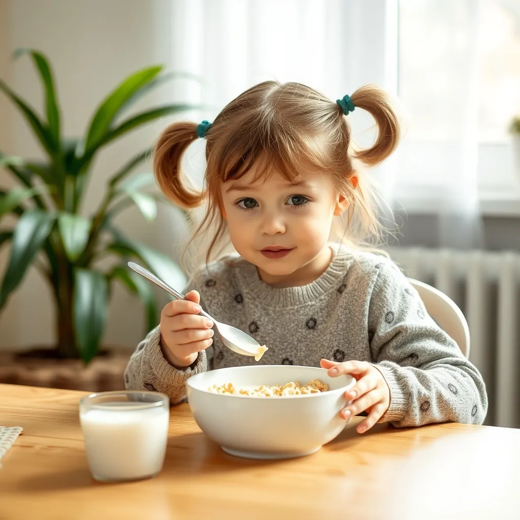 Young girl enjoying a bowl of cereal with milk breakfast — kid-approved quick morning meal