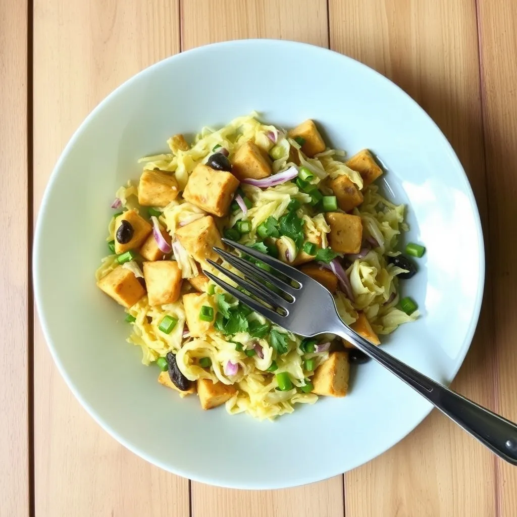 Close-up of tofu scramble with sauerkraut and red bell pepper — kid-friendly plant-based breakfast