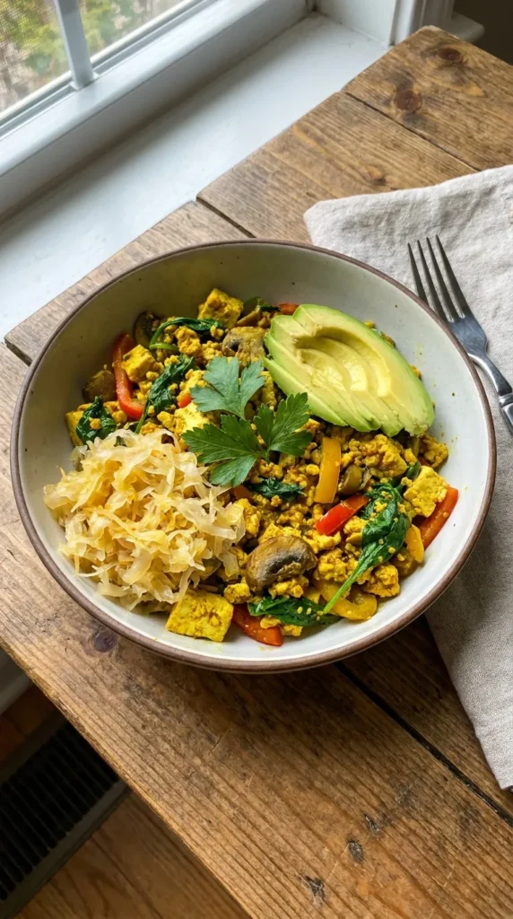 Nourishing tofu scramble with sauerkraut served in a bowl with avocado slices and fresh parsley