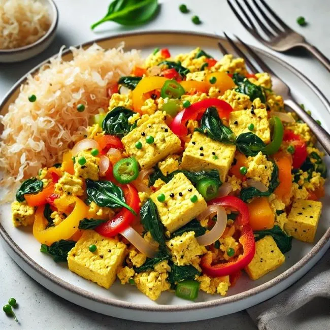 Tofu scramble with sauerkraut in a skillet — golden protein-packed vegan breakfast ready in 20 minutes