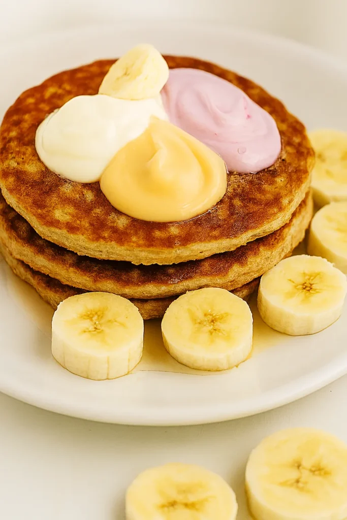 A tall stack on banana oat pancakes on a rustic plate