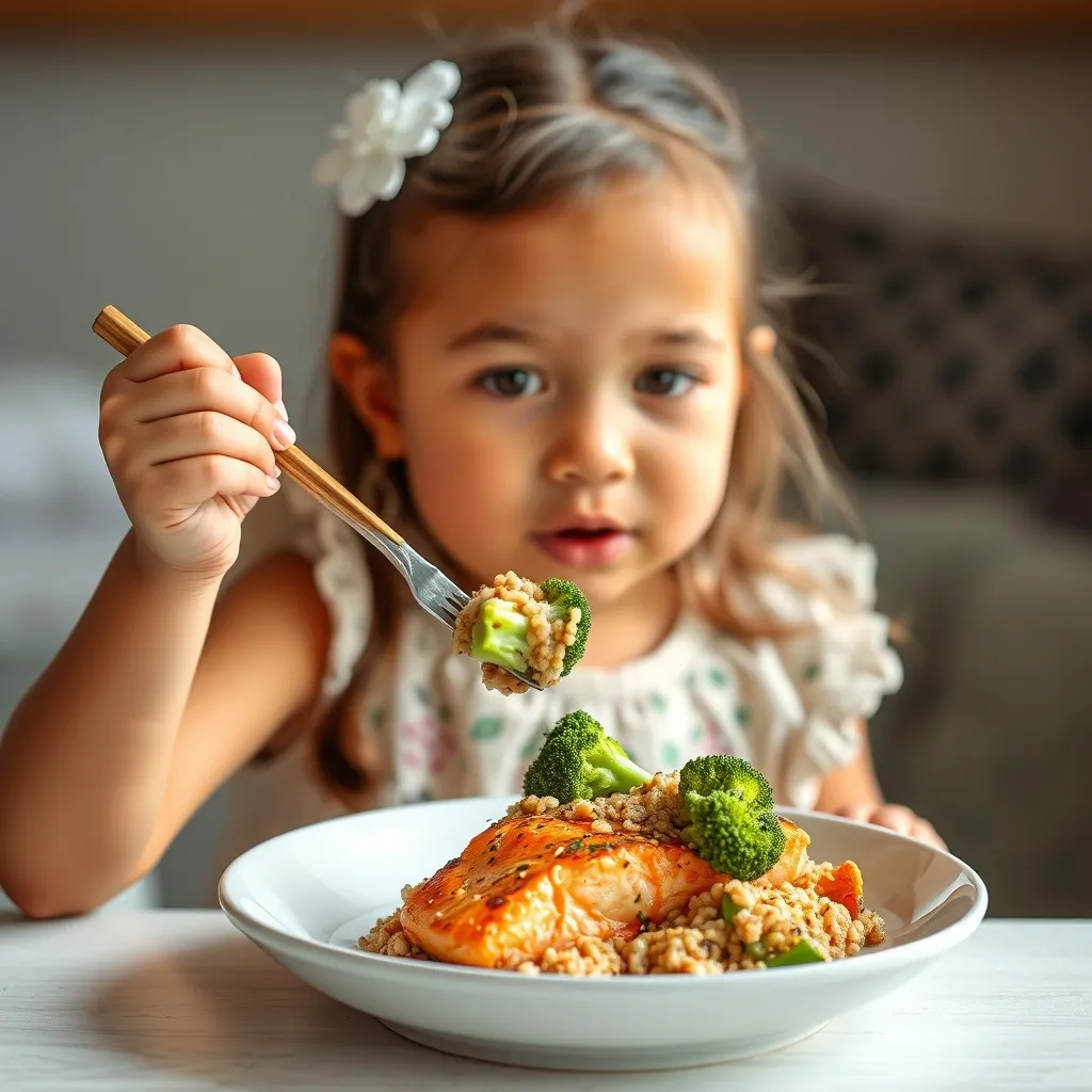 a beautiful little girl eating the baked salmon with quinoa and broccoli 