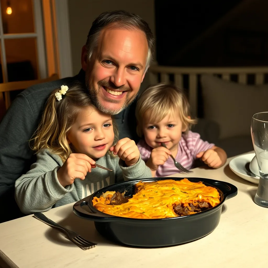 a dad enjoying Sweet Potato Shepherd's Pie with his children