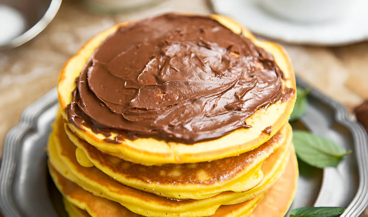 A stack of fluffy chocolate protein pancakes topped with creamy chocolate spread on a gray plate, garnished with fresh green mint leaves.