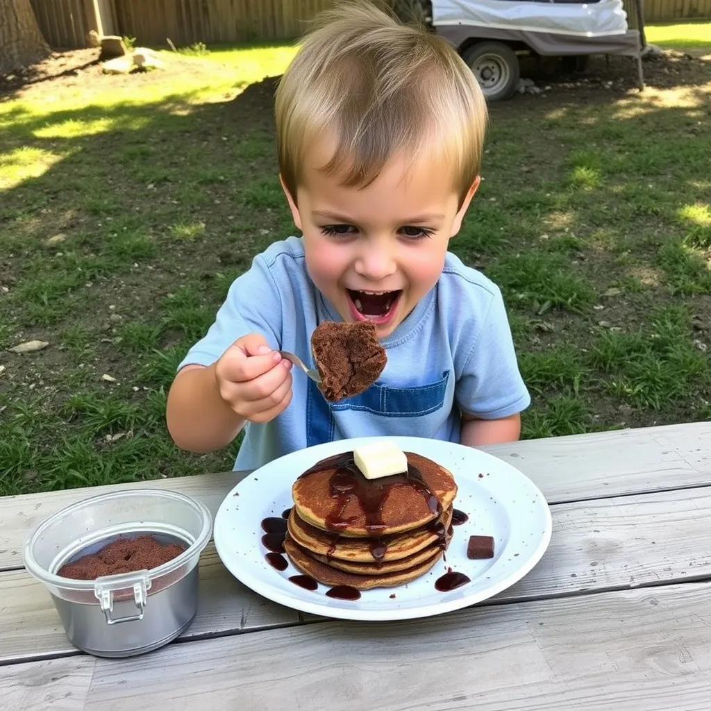 A child with short blond hair is sitting at a wooden table outdoors, smiling excitedly at a stack of chocolate protein pancakes topped with butter and syrup. There's a spoonful of cocoa powder in their hand and a jar of cocoa powder beside them.