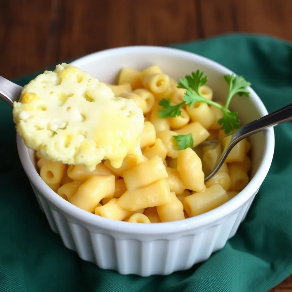 A bowl of mac and cheese with hidden cauliflower, garnished with a sprig of parsley. A fork lifts a piece of macaroni topped with melted cheese. The bowl rests on a green napkin against a wooden surface backdrop, offering a delightful twist on the classic comfort food.