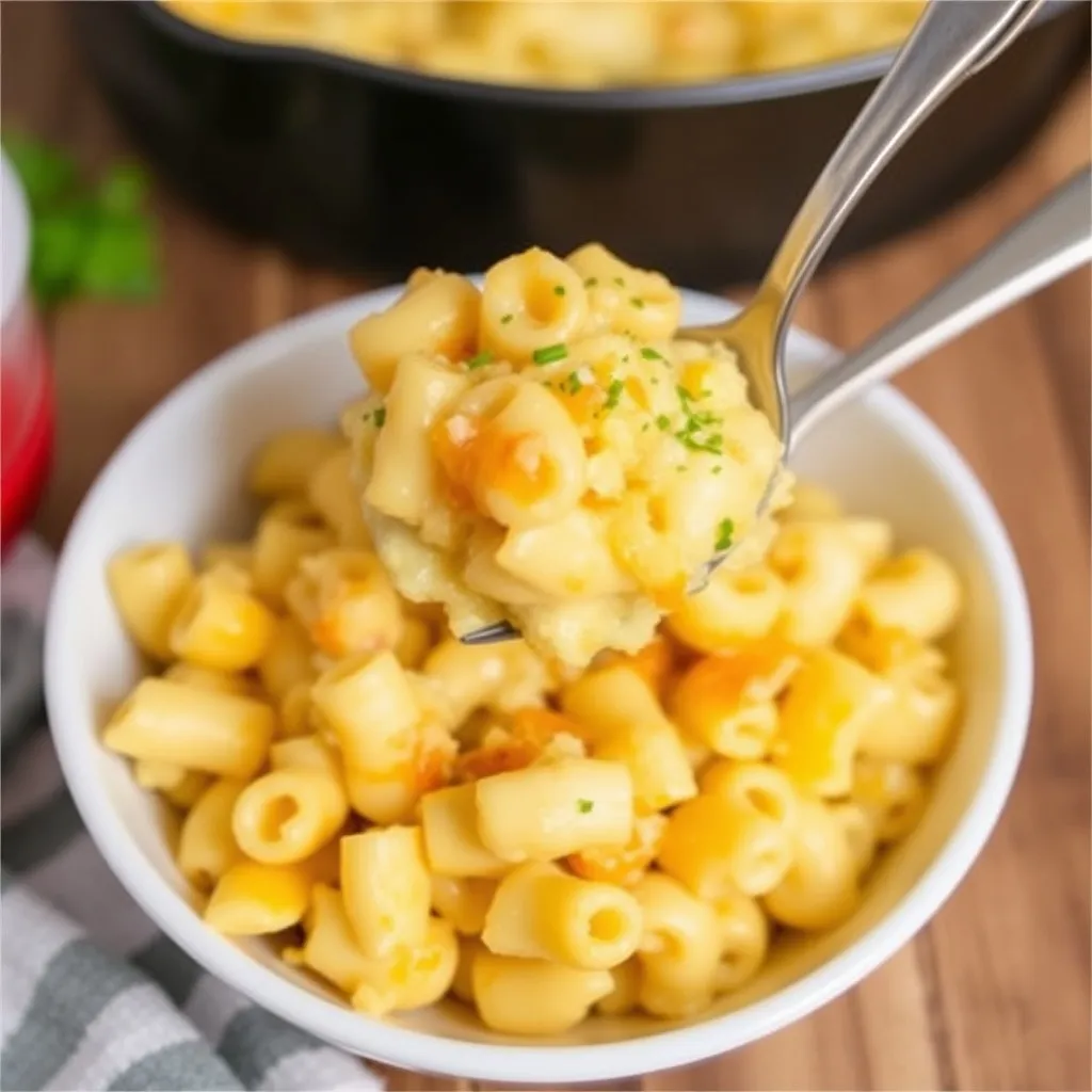 A bowl of creamy mac and cheese with hidden cauliflower sits on a wooden table. A fork lifts a portion from the dish, revealing its delightful secret. Garnished with a sprinkle of herbs, the scene is completed by a striped cloth peeking into view beside the bowl.