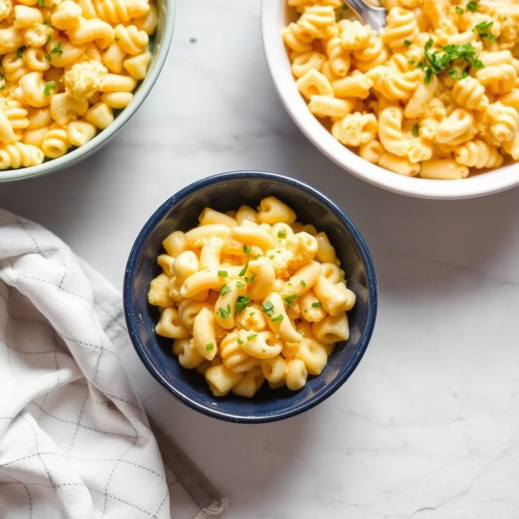 Three bowls of mac and cheese with hidden cauliflower, garnished with herbs, rest on a marble surface. The bowls vary in size, accompanied by a napkin. The creamy pasta is golden and blended with subtle cauliflower, creating a warm and inviting scene.