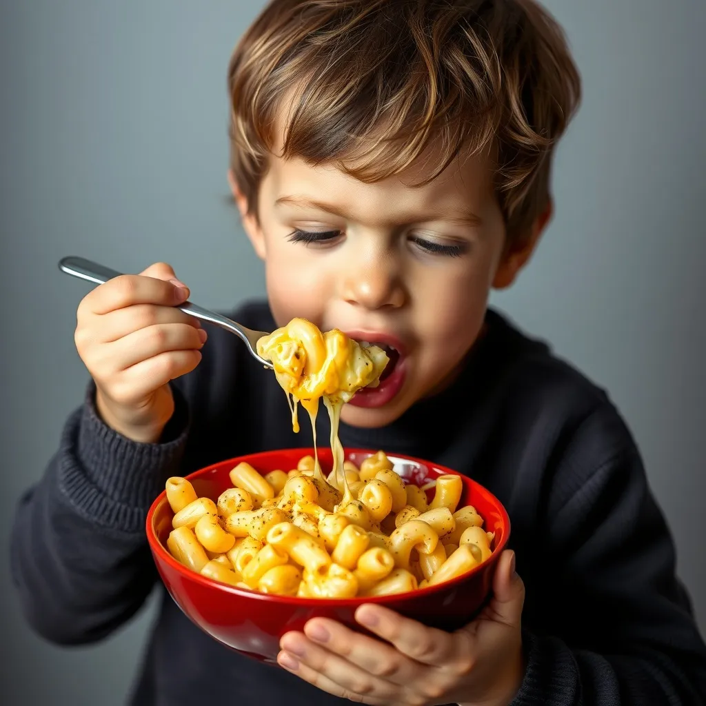 A young child eagerly eating mac and cheese with hidden cauliflower from a red bowl, using a fork. The creamy cheese sauce is visibly stringy with each bite. The child wears a dark shirt against a simple background.