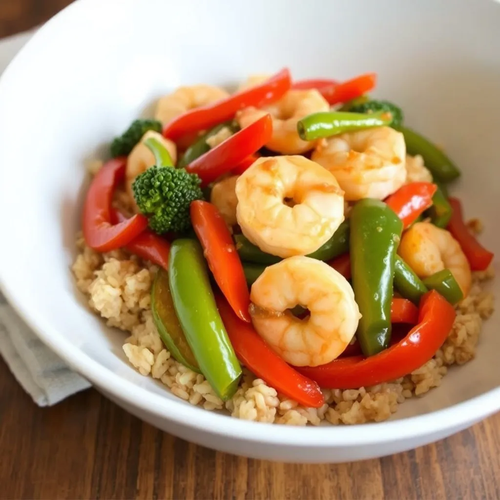 shrimp stir-fry with brown rice and veggies on bowl
