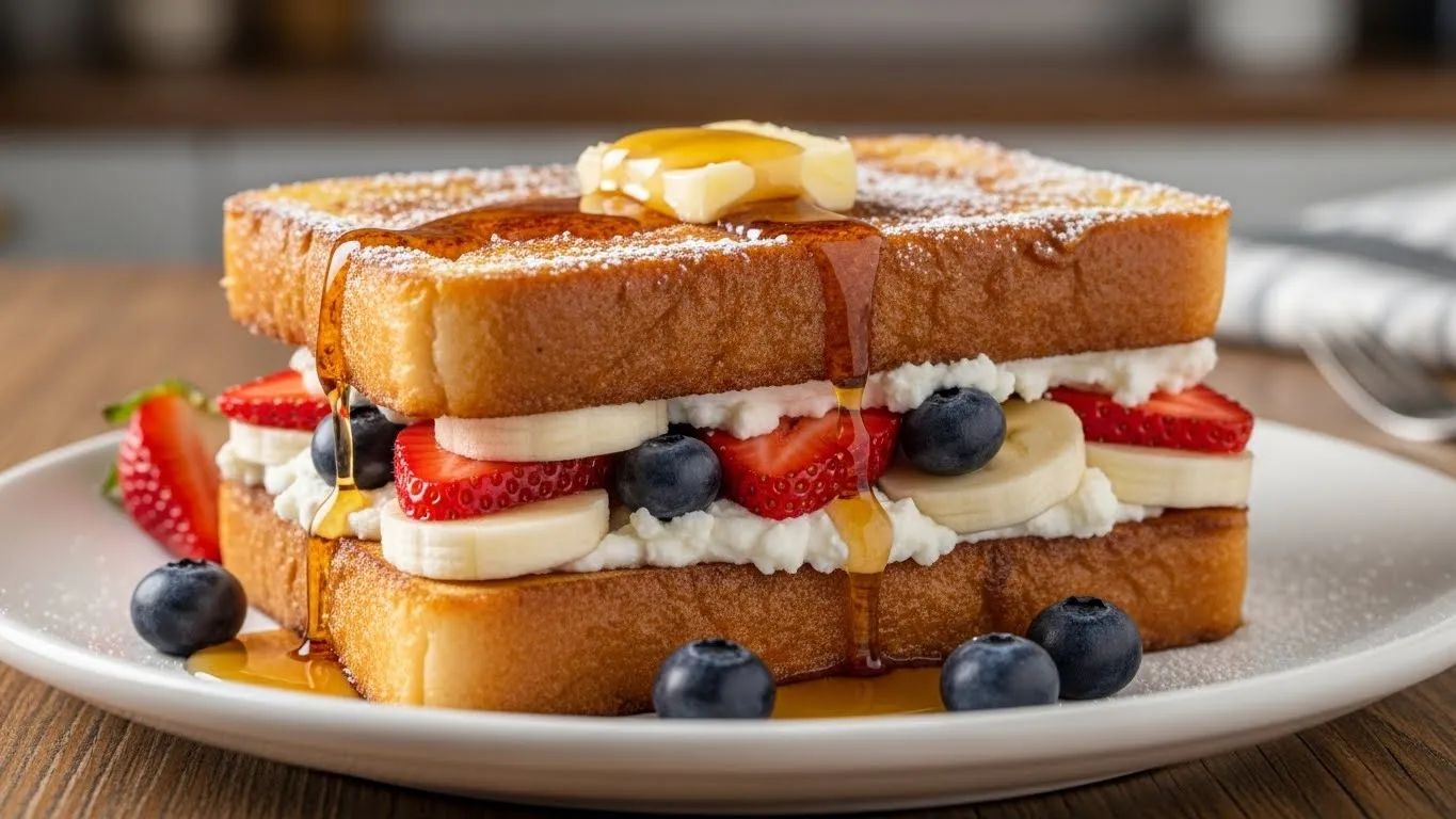 Stuffed French Toast : a layer of cream cheese and fresh fruit between two slices of bread before dipping and cooking.