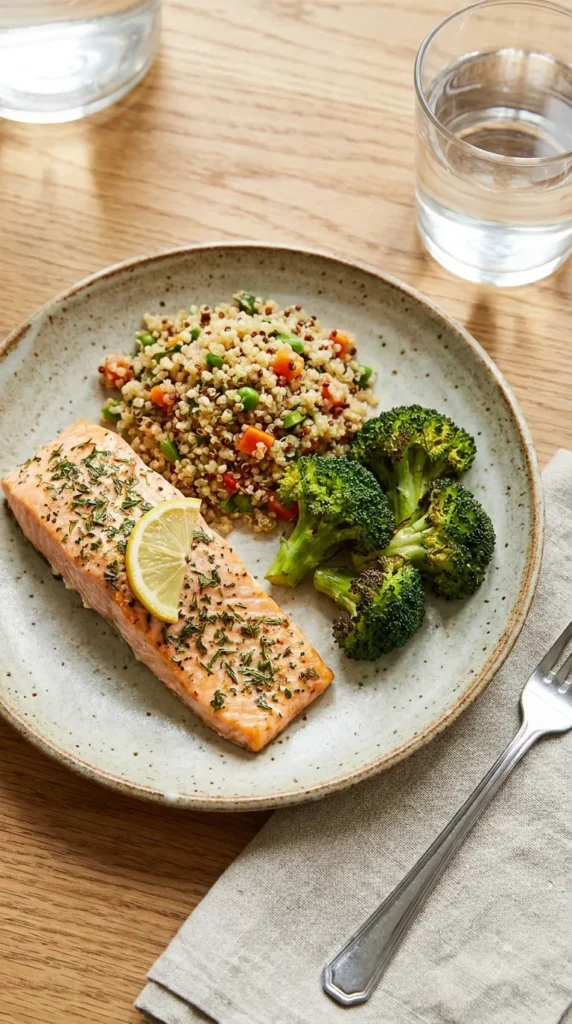 Healthy lunch plate with baked salmon, quinoa, and broccoli - A quick 30-minute meal for kids.