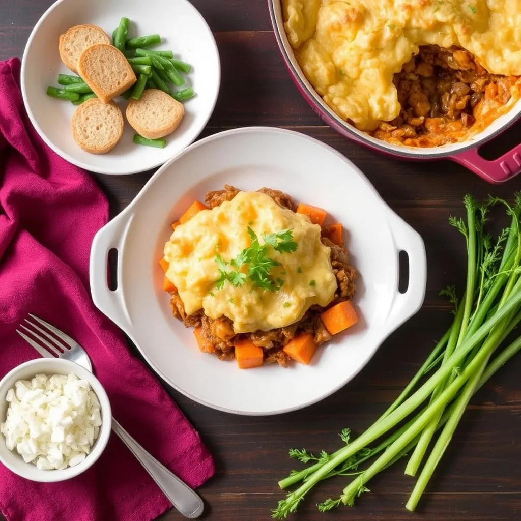 Beef and sweet potato shepherd's pie served in a white casserole dish with green beans and crusty bread on the side