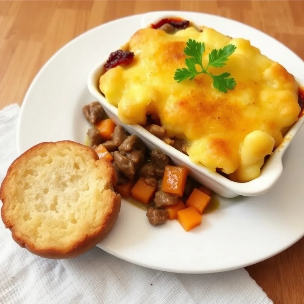 Close-up of beef and sweet potato shepherd's pie with golden cheesy crust, served on a white plate with crusty bread