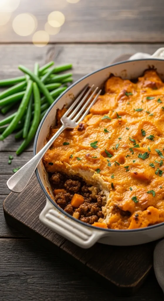 Beef and sweet potato shepherd's pie in a rustic white casserole dish with golden sweet potato topping, garnished with fresh parsley