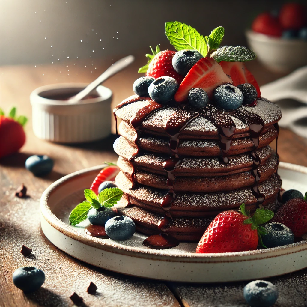 A stack of chocolate protein pancakes topped with blueberries, strawberries, and mint leaves. The pancakes are drizzled with chocolate sauce and sprinkled with powdered sugar. A sauce dish is in the background on a wooden table.