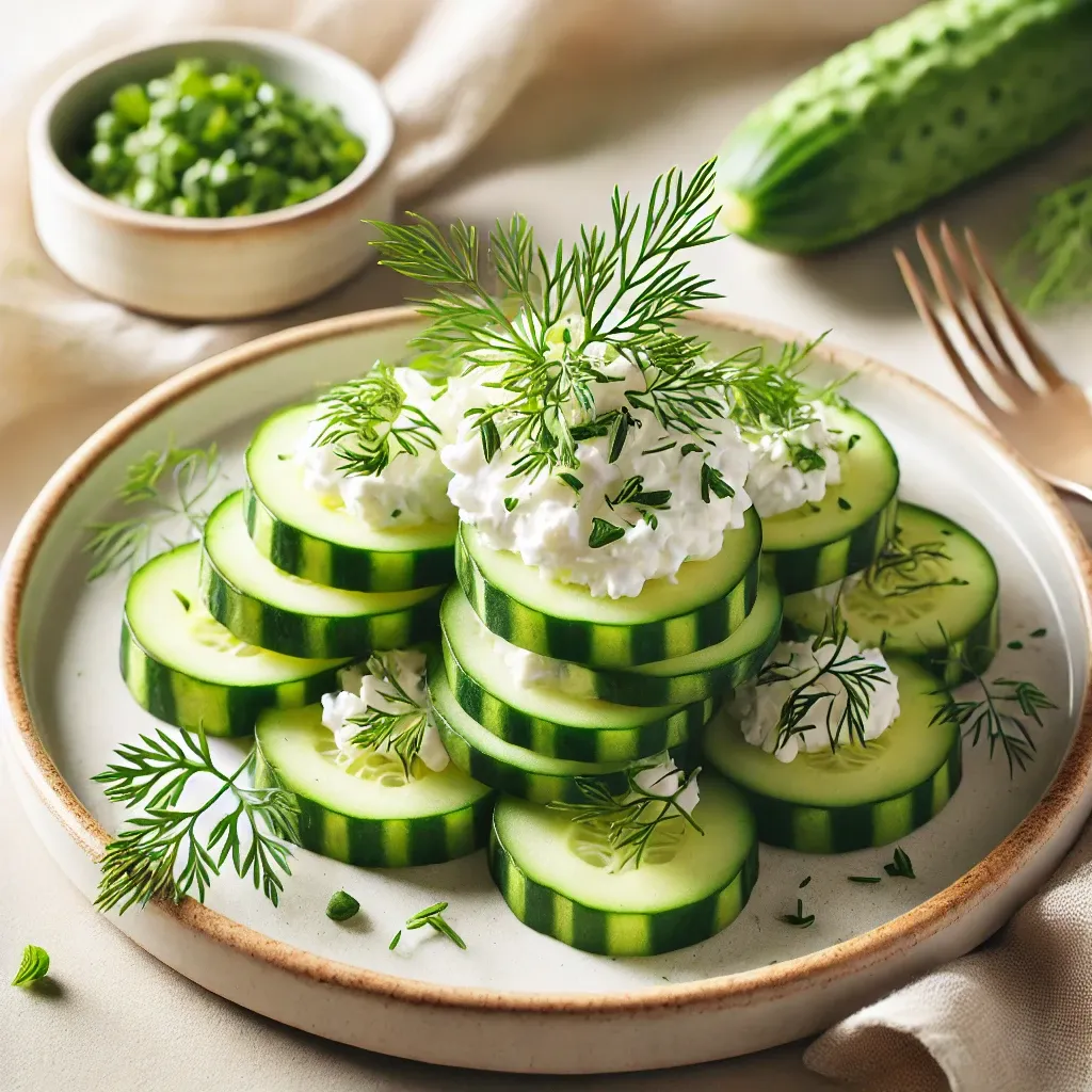 a fresh and simple snack featuring cucumber slices with cottage cheese