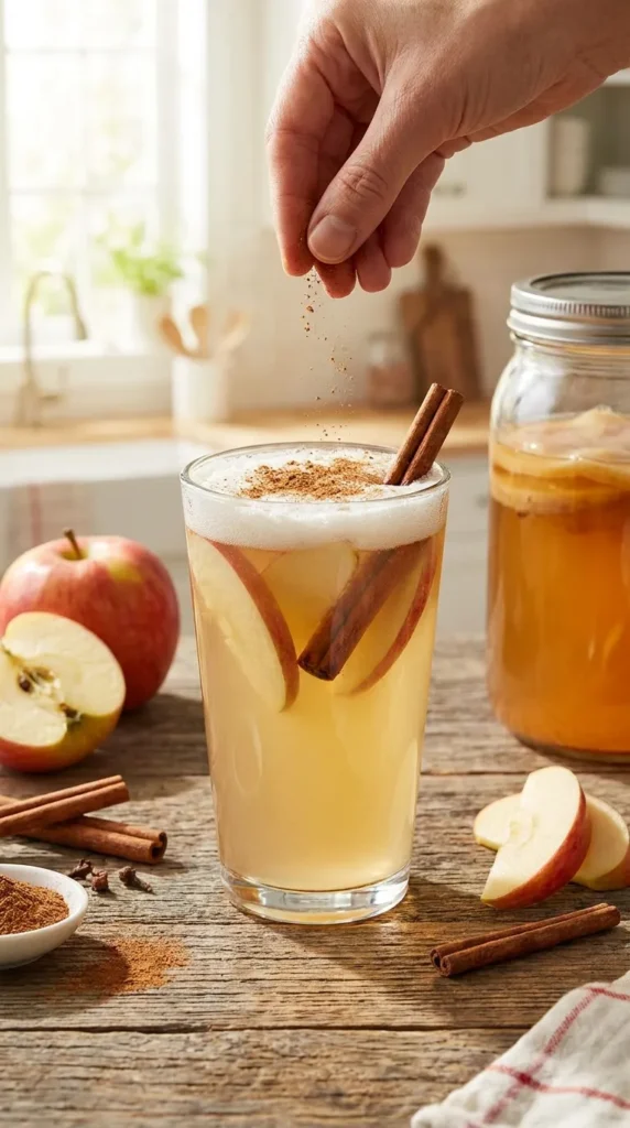 Apple cinnamon kombucha with a pinch of cinnamon — kid-friendly probiotic drink ready in 5 minutes