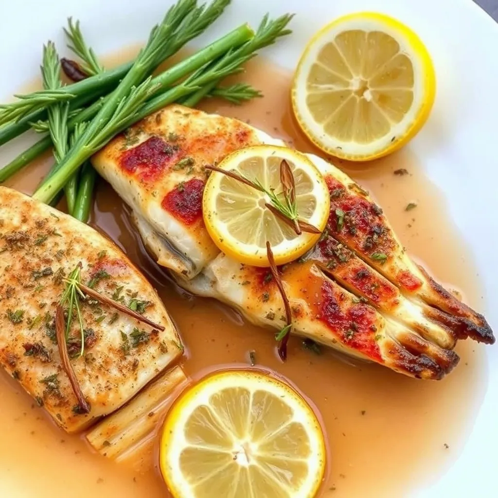 Grilled fish fillets garnished with lemon slices, served with rosemary sprigs in a light sauce.