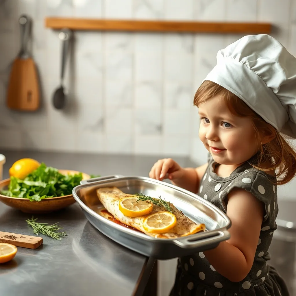 A young child in a chefs hat holds a tray with a crepe garnished with lemon slices and rosemary. The kitchen counter displays fresh greens, a lemon, and utensils hanging in the background.