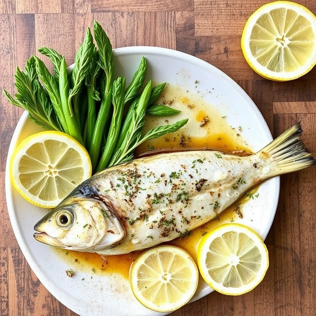 A cooked fish garnished with herbs is presented on a white plate, surrounded by slices of lemon and a bunch of fresh greens. The fish is drizzled with a light sauce. The setting is on a wooden table.