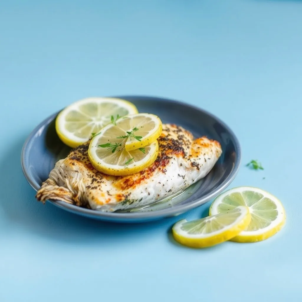 Grilled chicken breast garnished with slices of lemon and herbs on a gray plate. Extra lemon slices are arranged beside the plate on a light blue surface.