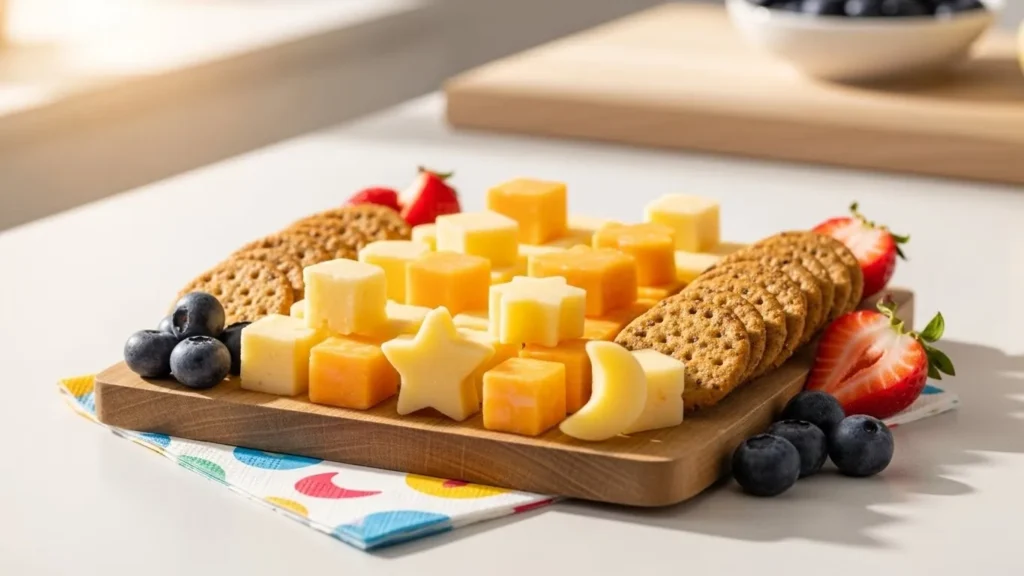 A cute, colorful kid-friendly snack plate with cheese cubes and whole-grain crackers.