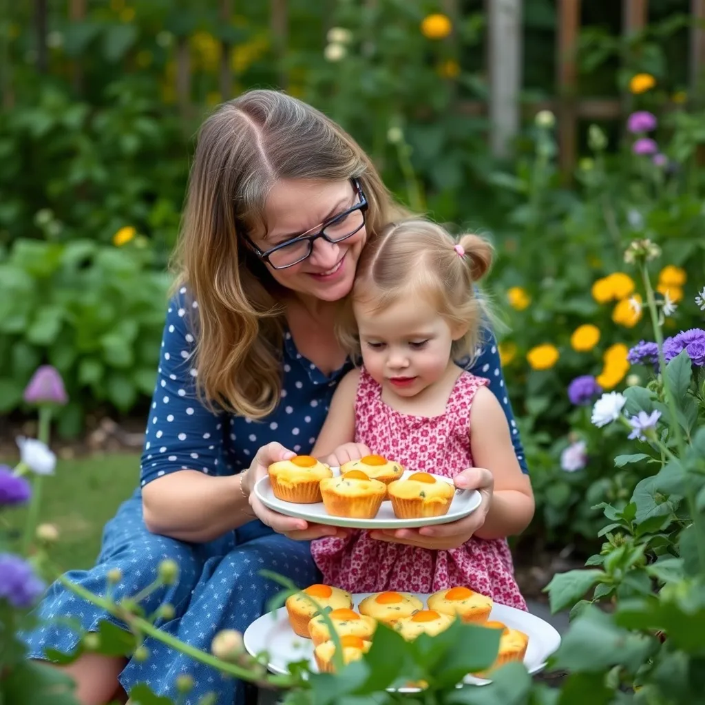 grandmother showing an egg and vegetaable muffin recipe to her granddaughter