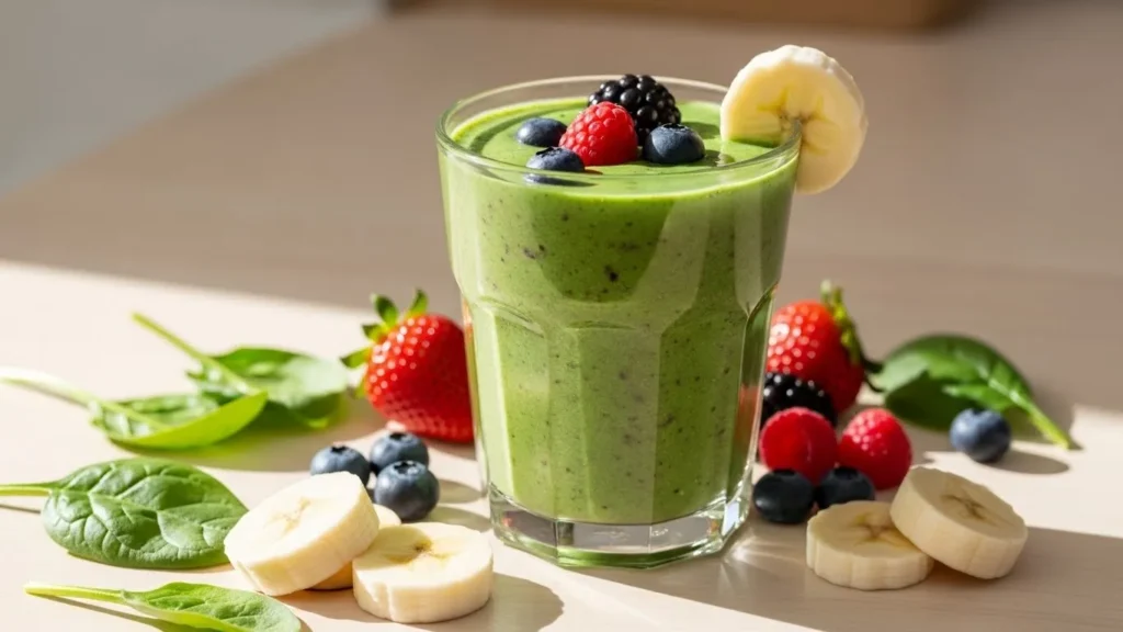 A vibrant, kid-friendly green smoothie in a clear glass, made with spinach, banana, and mixed berries.