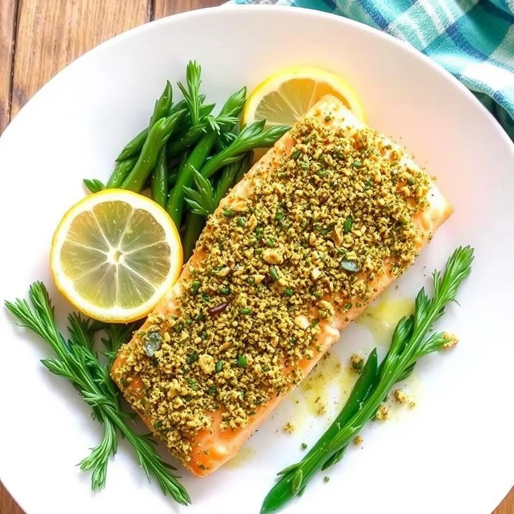 A plate of baked salmon topped with a crumbly herb crust, garnished with two lemon slices. Fresh green beans and sprigs of herbs are arranged around the salmon on a white plate, set on a wooden table with a blue checkered napkin.