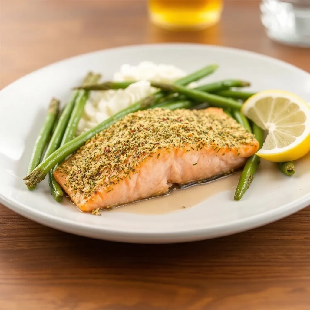 A plate of herb-crusted salmon served with green beans, white rice, and a slice of lemon. The meal is arranged on a white plate set on a wooden table.