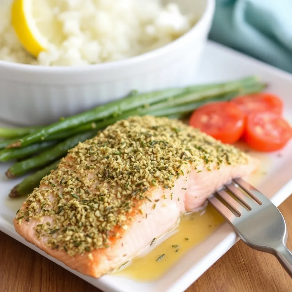 A plate with herb-crusted salmon, asparagus, and sliced tomatoes. In the background, theres a bowl of mashed potatoes garnished with a lemon wedge. A fork is beside the salmon on the white plate.