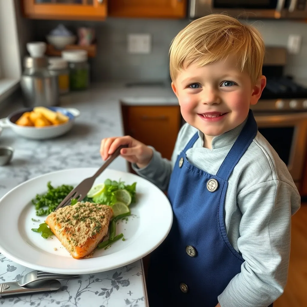 A smiling young child in a blue apron stands in a kitchen, holding a fork over a plate with baked salmon, greens, and lime wedges. The kitchen counter and cooked potatoes in the background create a cozy atmosphere.