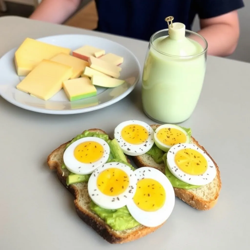 Low Sugar Snacks for Kids on the dinning room Cheese and Apple and Cheese Hard Boiled and Eggs Avocado Toast