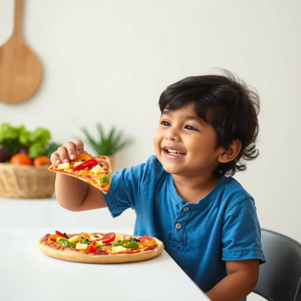 A young child in a blue shirt sits at a table, smiling and holding a slice of Rainbow Veggie Pizza. A whole pizza with colorful vegetables is placed in front of him, while a basket of fresh veggies is blurred in the background.