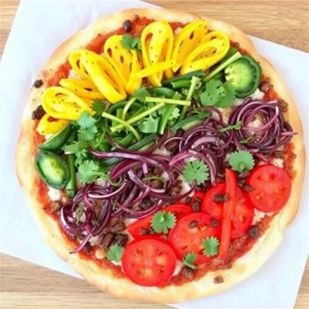 A Rainbow Veggie Pizza boasts a colorful array of toppings: yellow bell peppers, green jalapeños, cilantro, red onions, and sliced tomatoes. Artfully arranged in vibrant sections, this pizza rests invitingly on parchment paper over a rustic wooden surface.