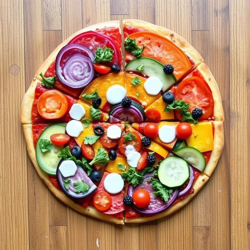 Introducing Rainbow Veggie Pizza: a colorful creation with toppings arranged as a rainbow. Enjoy red onions, bell peppers, cucumbers, tomatoes, olives, and parsley atop mozzarella slices on a thin crust. It's all artistically placed on a wooden surface for that perfect bite.