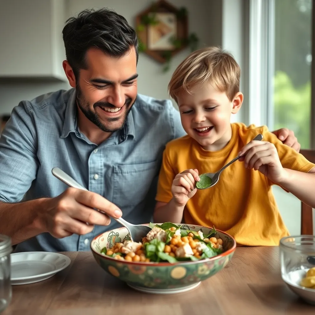 a dad and his kid enjoying a delicious tuna salad with Chickpeas and spinach