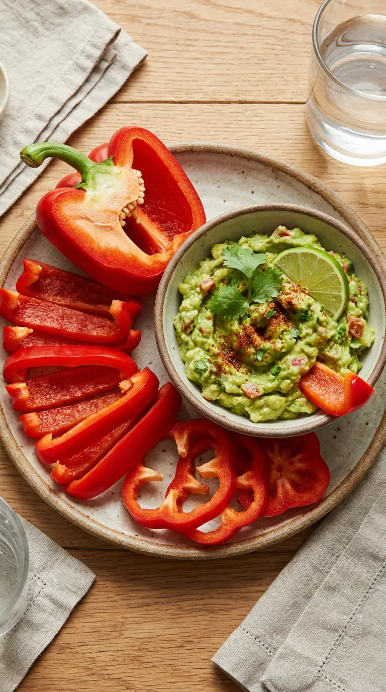 Bell pepper slices with guacamole dip — colorful low sugar snack for kids