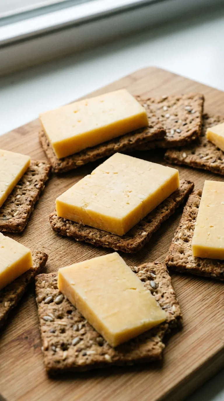 Cheese slices on whole grain crackers — low sugar snack for kids