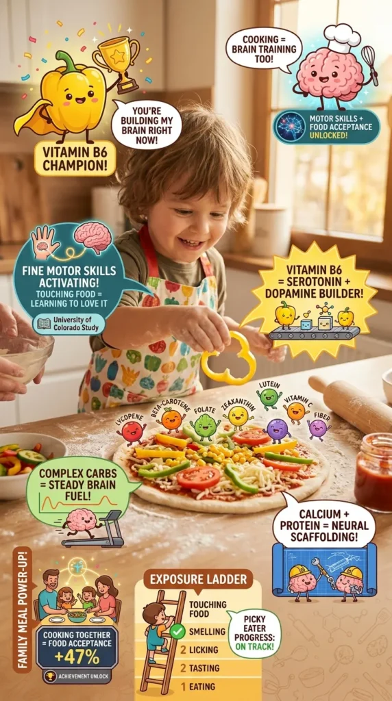 Young child in an apron preparing a rainbow veggie pizza, with infographics explaining Vitamin B6 as a dopamine builder and a University of Colorado study on fine motor skills.