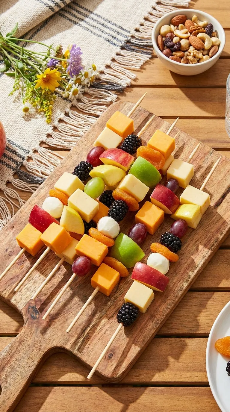 Colorful cheese and apple kabobs on wooden skewers — low sugar snacks for kids