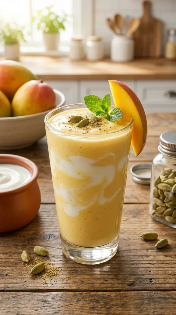 Creamy mango lassi with plain yogurt and cardamom — probiotic drink for kids with vitamin A