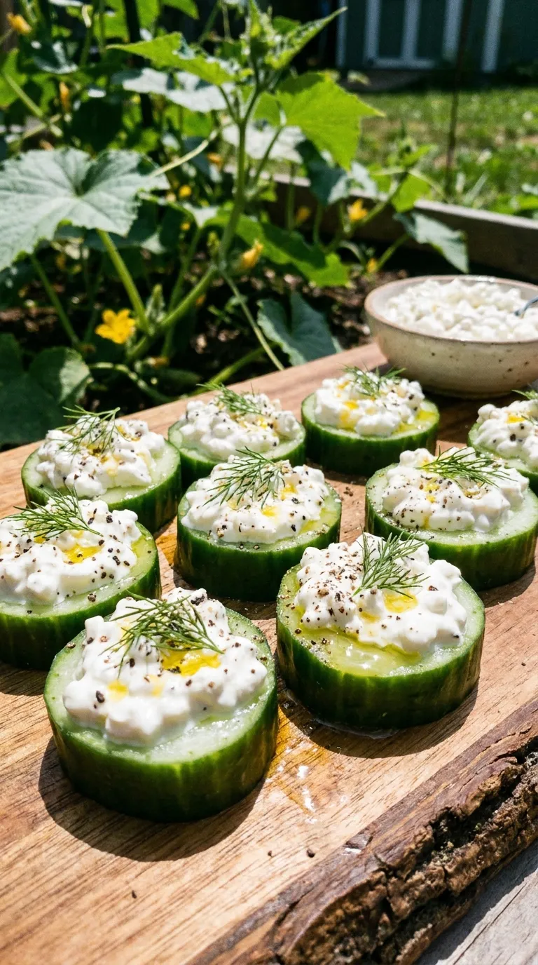 Fresh cucumber slices topped with creamy cottage cheese — low sugar snack for kids